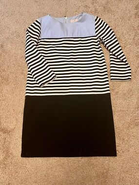 LOFT Striped Midi Dress with Light Blue Yoke and Black Skirt